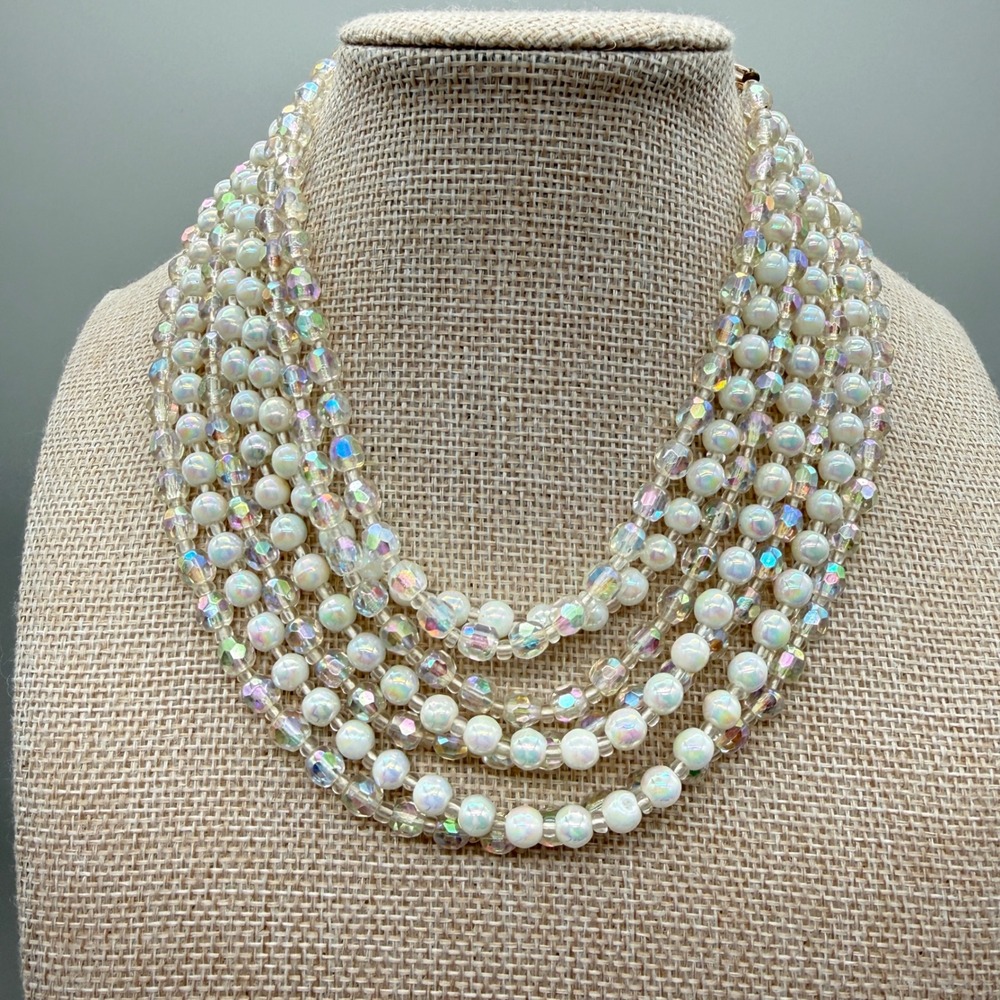 Vintage West Germany 7 Strand Aurora Borealis AB Bead Faux Pearl Bib Necklace